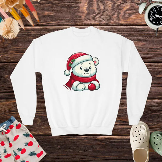 Youth Crewneck: Festive Polar Bear with Santa Hat - White / Xs Kids Clothes