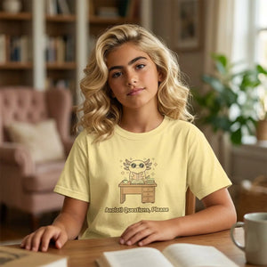 Youth Tee, Cute Axolotl at Desk ?I Still have Questions Please’ Back-to-school Shirt - T-shirts