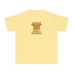 Youth Tee - Cute Highland Cow ?Fluffy & Unbothered’ Kids Shirt - T-shirts