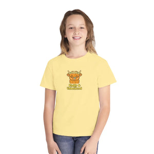 Youth Tee - Cute Highland Cow ?Fluffy & Unbothered’ Kids Shirt - T-shirts