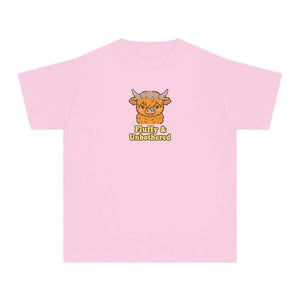 Youth Tee - Cute Highland Cow ?Fluffy & Unbothered’ Kids Shirt - T-shirts