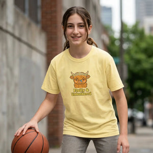 Youth Tee - Cute Highland Cow ?Fluffy & Unbothered’ Kids Shirt - T-shirts