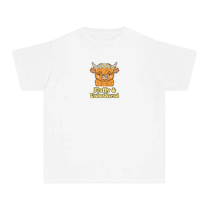 Youth Tee - Cute Highland Cow ?Fluffy & Unbothered’ Kids Shirt - T-shirts