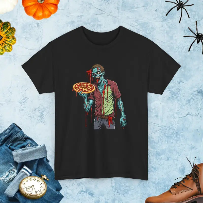 Unleash Fun with the Zombie Eating Pizza Cotton Tee! - Black / s T-shirt