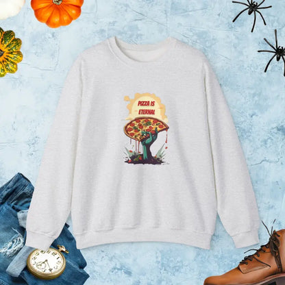 Zombie with Pizza Unisex Heavy Blend Crewneck: and Comfy - Ash / s Sweatshirt