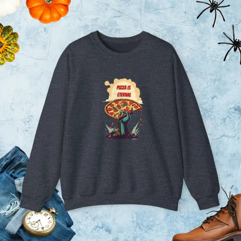 Zombie with Pizza Unisex Heavy Blend Crewneck: and Comfy - Heather Sport Dark Navy / s Sweatshirt