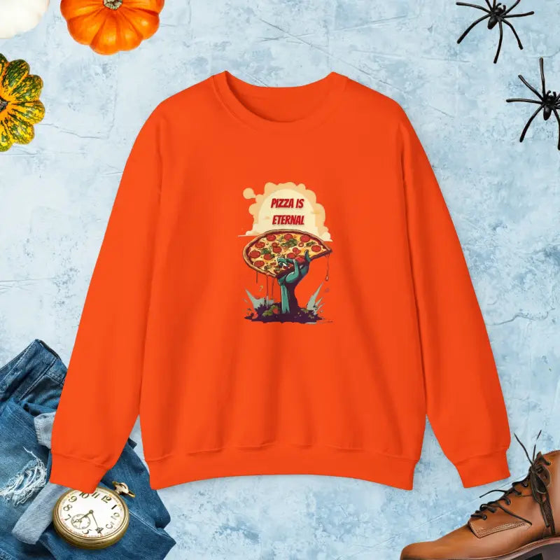 Zombie with Pizza Unisex Heavy Blend Crewneck: and Comfy - Orange / s Sweatshirt