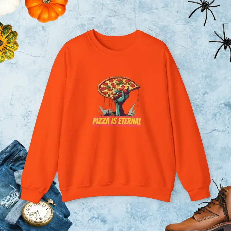 Stay Cozy and Cool with Zombie Pizza Crewneck Sweatshirt - Orange / s