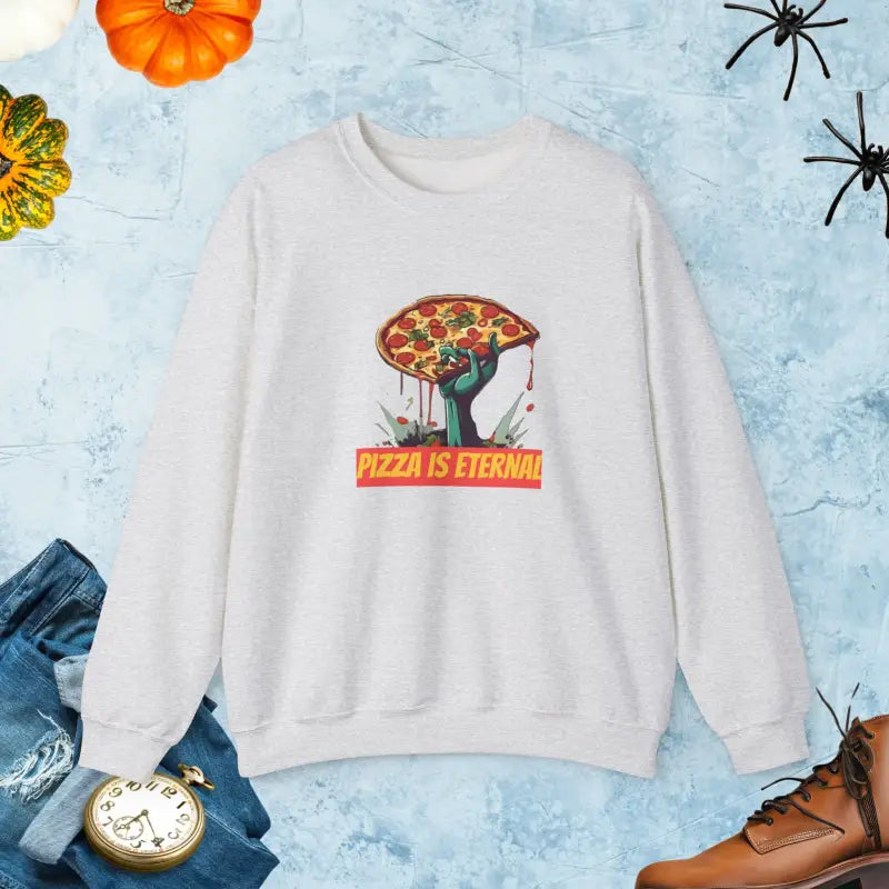 Stay Cozy and Cool with Zombie Pizza Crewneck Sweatshirt - Ash / s